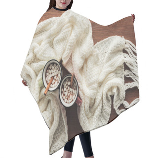 Personality  Flat Lay With Mugs With Hot Chocolate, Marshmallows And Cinnamon Sticks, White Knitted Scarf On Wooden Surface Hair Cutting Cape