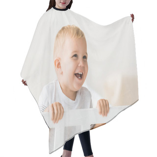 Personality  Cheerful Toddler Standing In Baby Crib On White Background Hair Cutting Cape