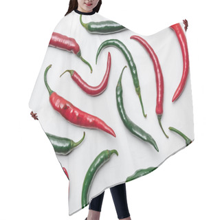 Personality  Top View Of Red And Green Chili Peppers On White Marble Surface Hair Cutting Cape