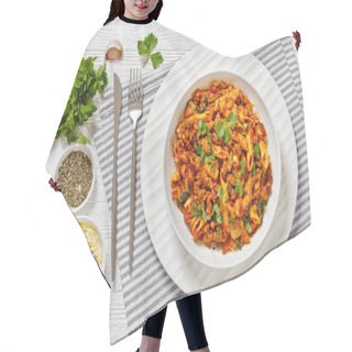 Personality  Ground Chicken Pasta Bake With Onion, Mushrooms, Spinach, Tomato Sauce And Mozzarella Cheese In White Bowl On White Wood Table, Horizontal View From Above, Flat Lay Hair Cutting Cape