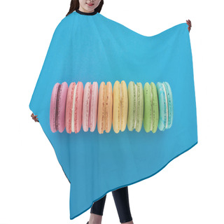 Personality  Top View Of Colorful Fresh Delicious French Macaroons In Line On Blue Bright Background Hair Cutting Cape