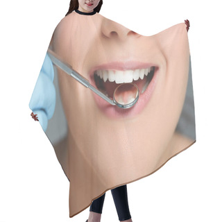 Personality  Partial View Of Dentist With Dental Mirror Checking Womans Teeth Hair Cutting Cape
