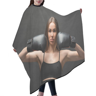 Personality  Brunette And Strong Young Woman In Top Posing In Boxing Gloves On Black Background  Hair Cutting Cape