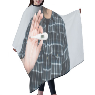 Personality  Cropped View Of Man Holding Thermometer Showing High Temperature Isolated On Grey, Panoramic Shot Hair Cutting Cape
