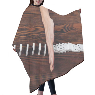 Personality  Cropped View Of Woman Preventing Dominoes From Falling On Wooden Desk Hair Cutting Cape