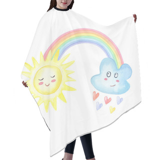 Personality  Watercolor Rainbow,cloud With Rain Of Hearts, Sun On White Background.Color Realistic Spectrum.Cute Watercolour Illustration Hair Cutting Cape