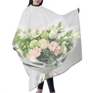 Personality  Author's Beautiful Light Bouquet On A Light Background. Flowers And Greens. Dianthus Apple Tea, Roses, Viburnum, Snapdragon, Eustoma, Alstroemeria. Hair Cutting Cape