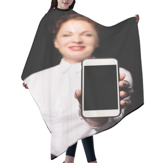 Personality  Woman Showing Smartphone Screen Hair Cutting Cape
