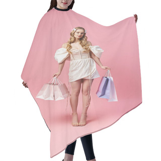 Personality  A Young, Blonde Woman In A Stylish Short Dress Elegantly Holds Shopping Bags In A Studio Setting. Hair Cutting Cape