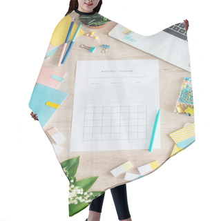 Personality  Top View Of Monthly Planner, Stationery, Flowers And Laptop On Wooden Table Hair Cutting Cape