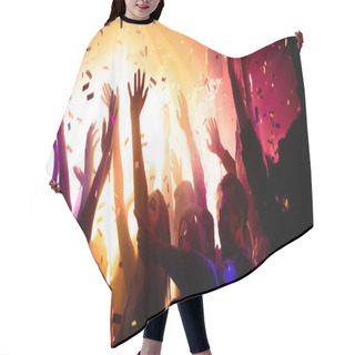 Personality  Photo Of Carefree Clubbers Blurred Movement Enjoy Electro Star Performance Raise Hands Up Festival Confetti Modern Neon Filter Hair Cutting Cape
