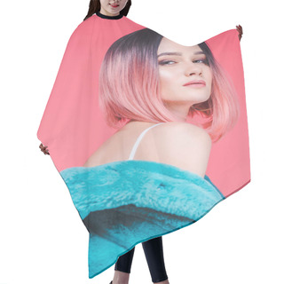 Personality  Sensual Girl With Pink Hair Posing In Blue Fur Coat, Isolated On Pink Hair Cutting Cape