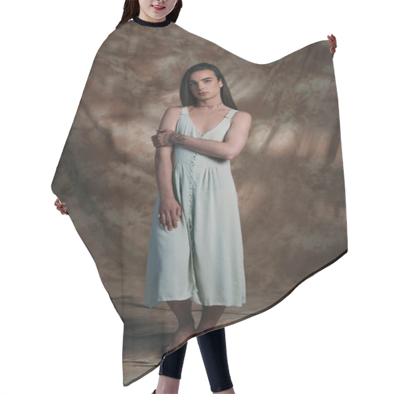 Personality  Full Length Of Queer Person In Dress Standing On Abstract Background  Hair Cutting Cape