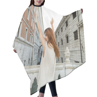 Personality  Cheerful Woman With Raised Hands Standing On Bridge Near Medieval Prison In Venice Hair Cutting Cape