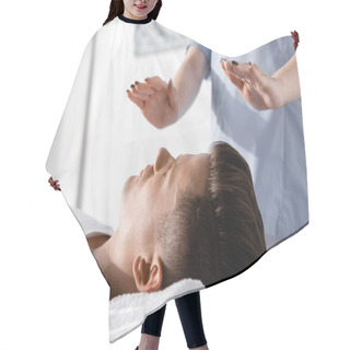 Personality  Partial View Of Healer Standing Near Man On Pillow And Holding Hands Above His Body Hair Cutting Cape