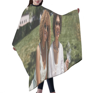 Personality  Summer Picnic, Happy African American Woman With Wine Glasses Near Stylish Girlfriend, Banner Hair Cutting Cape