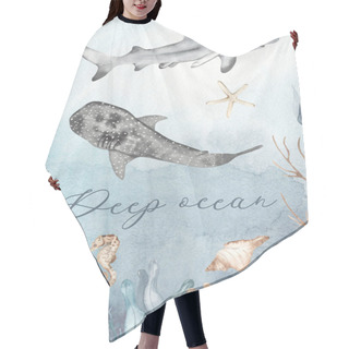 Personality  Watercolor Card With Deep Ocean, Seabed, Sharks, Seaweed, Seashell, Seahorse Hair Cutting Cape