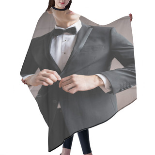 Personality  Cropped View Of Man Buttoning Jacket At Home  Hair Cutting Cape