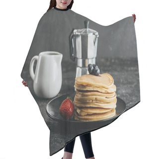 Personality  Stack Of Freshly Baked Pancakes With Mocha Pot And Milk Jug Hair Cutting Cape