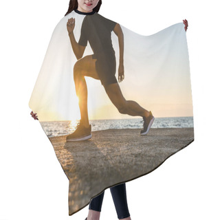 Personality  Cropped Shot Of Athletic Man Doing Lunges During Training On Seashore Hair Cutting Cape