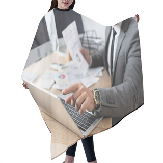 Personality  Cropped View Of Trader Pointing With Finger At Laptop, Blurred Background Hair Cutting Cape