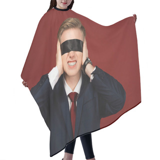Personality  Man With Blindfold On Eyes Covering Ears With Hands On Red Background Hair Cutting Cape