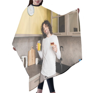 Personality  Happy Man In Pajamas Holding Orange Juice And Toast With Jam While Smiling At Camera Hair Cutting Cape