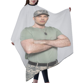 Personality  Soldier In T-shirt And Cap Standing With Folded Arms During Memorial Day Isolated On Grey  Hair Cutting Cape
