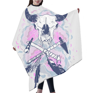 Personality  Bull Skull With Tomahawks Crossed And Feathers Hair Cutting Cape