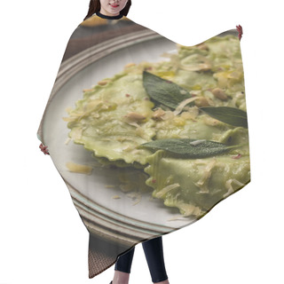 Personality  Close Up View Of Green Ravioli With Melted Cheese, Pine Nuts And Green Sage Leaves In Retro Plate Hair Cutting Cape