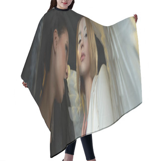 Personality  Low Angel View Of Women In Costumes Of Devil And Angel On Black, Good Vs Evil Concept, Banner Hair Cutting Cape