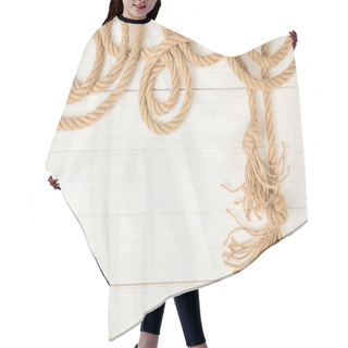 Personality  Top View Of Brown Nautical Knotted Rope On White Wooden Background Hair Cutting Cape