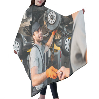 Personality  Professional Manual Workers Repairing Car Without Wheel In Mechanic Shop Hair Cutting Cape