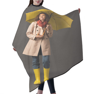 Personality  Smiling Woman In Trench Coat And Rubber Boots Holding Yellow Umbrella And Looking Away On Black Background Hair Cutting Cape