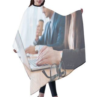Personality  Partial View Of Businesspeople Working On Laptops At Workplace In Office Hair Cutting Cape