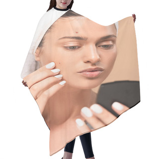 Personality  Selective Focus Of Woman Touching Face With Pimples And Looking At Mirror Isolated On Beige  Hair Cutting Cape