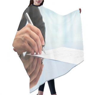 Personality  Extreme Close Up Of Female Hand Signing Document. Hair Cutting Cape