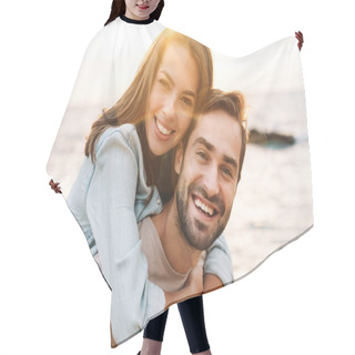Personality  Image Of Young Happy Man Giving Piggyback Ride Beautiful Woman Hair Cutting Cape