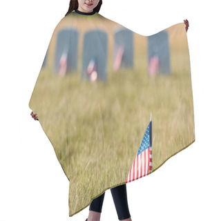 Personality  Selective Focus Of American Flag With Stars And Stripes Near Gravestones  Hair Cutting Cape