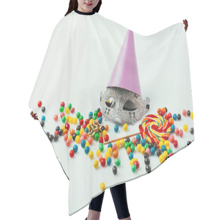 Personality  Close Up View Of Masquerade Mask, Party Cone And Sweets Isolated On Grey   Hair Cutting Cape