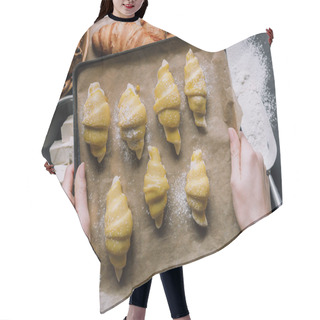 Personality  Partial View Of Woman Holding Tray With Dough For Croissants Over Table Ingredients  Hair Cutting Cape