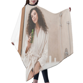 Personality  Photo Of Young Pretty Woman In Bathroom Holding Shower Gel Shampoo In Hands. Hair Cutting Cape