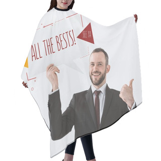 Personality  Businessman Showing Card And Sign All The Bests  Hair Cutting Cape