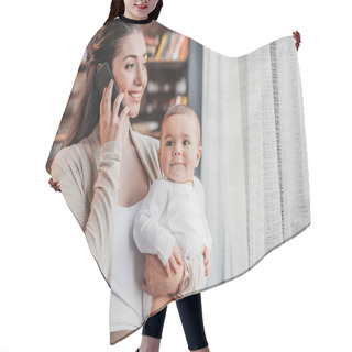 Personality  Mother With Son Talking On Smartphone  Hair Cutting Cape