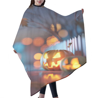 Personality  October Halloween Jack O Lantern Pumpkins With Faces At Night On A Residential Street. 3D Illustration. Hair Cutting Cape