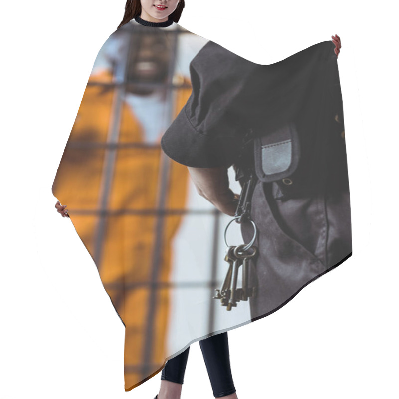 Personality  Cropped Image Of Prison Guard Standing Near Prison Bars With Keys Hair Cutting Cape