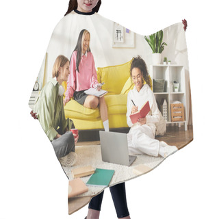 Personality  A Diverse Group Of Children, Including Interracial Teenage Girls, Sit On The Floor Attentively Using A Laptop For Education And Friendship. Hair Cutting Cape