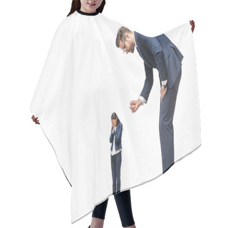 Personality  Big Businessman Showing Clenched Fist At Crying Small Businesswoman Isolated On White Hair Cutting Cape