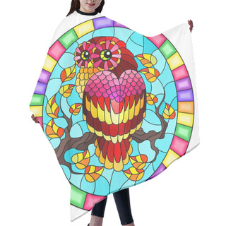 Personality  Illustration In Stained Glass Style With Fabulous Red Owl Sitting On A Autumn Tree Branch Against The Sky,oval Picture Frame In Bright Hair Cutting Cape