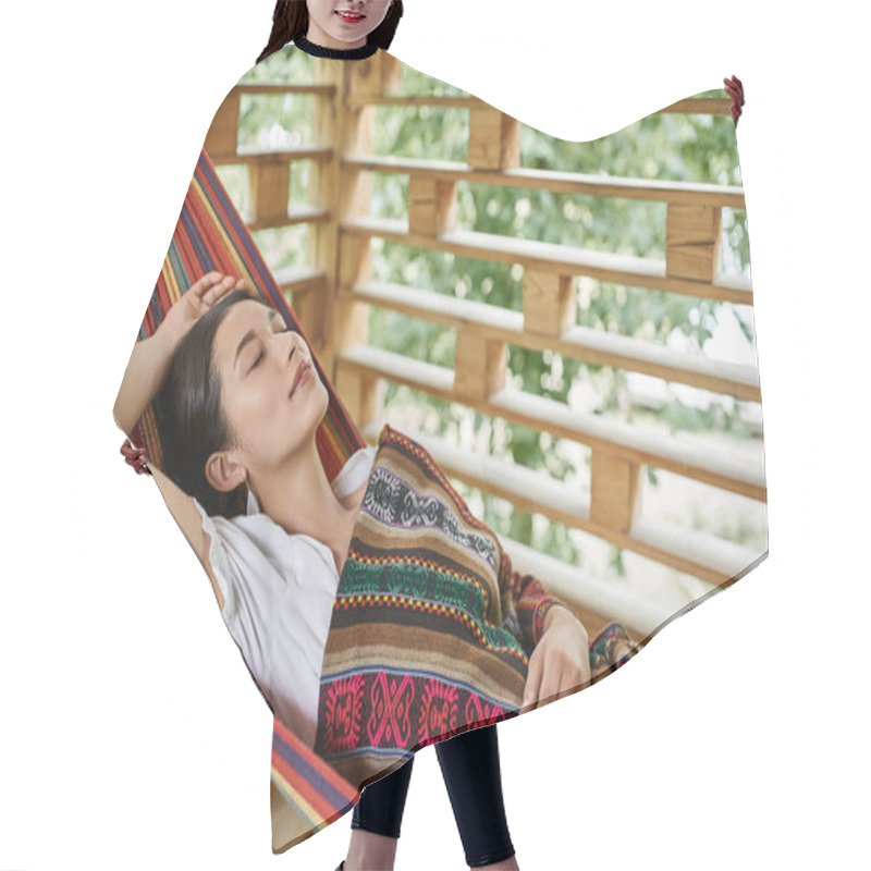 Personality  Young Attractive Woman Sleeping In Hammock, Relaxation, Enjoyment, Women Retreat Concept Hair Cutting Cape